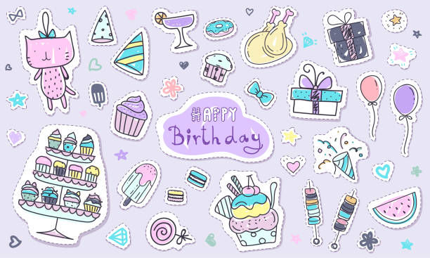 Cute happy birthday sticker collection in doodle style. vector art illustration