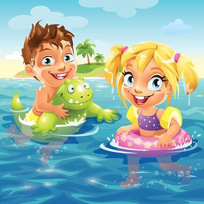 Cute Happy Cartoon Children Having Fun At Tropical Beach Cute Happy Cartoon Children Having Fun At Tropical Beach