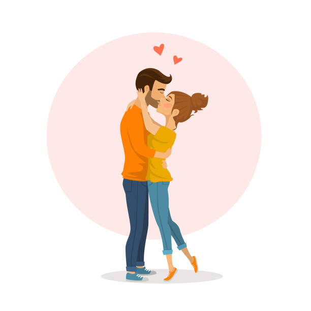 ilustrações de stock, clip art, desenhos animados e ícones de cute happy couple in love hugging and kissing - couple