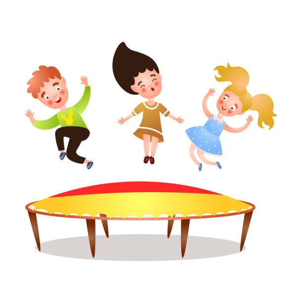 Cute happy girl and boy jumping at yard trampoline Cute happy girl and boy jumping at home yard trampoline. Cartoon style. Vector illustration on white background clip art of kid jumping on trampoline stock illustrations