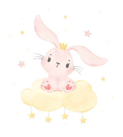 cute happy smile baby pink bunny little princess sitting on cloud in sky, watercolor wildlife nursery animal hand drawn vector