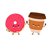 istock Cute happy smiling donut and coffee cup 1211851539