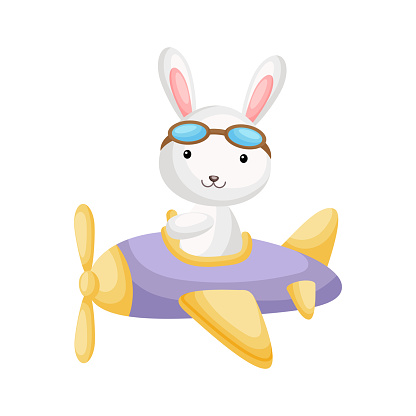 Cute hare pilot wearing aviator goggles flying an airplane. Graphic element for childrens book, album, scrapbook, postcard, mobile game.