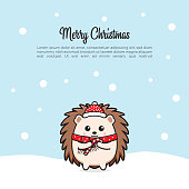 Cute hedgehog greeting merry christmas and happy new year cartoon doodle card background illustration flat cartoon style