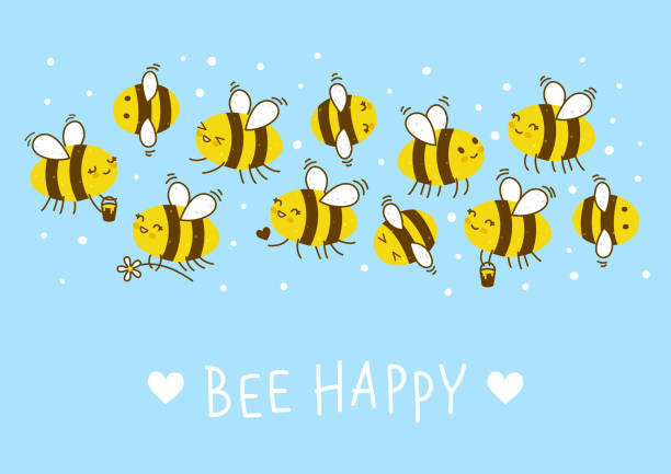 Cute honey bees border for Your kawaii design Cute honey bees with text on a blue bee stock illustrations