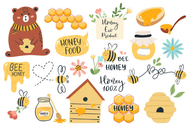 Cute honey symbols. Hand drawn honey jar, honeycomb and bee insects, funny honey doodle beekeeping farm isolated vector illustration set Cute honey symbols. Hand drawn honey jar, honeycomb and bee insects, funny honey doodle beekeeping farm isolated vector illustration set. Bear holding beehive, organic product icons bee stock illustrations