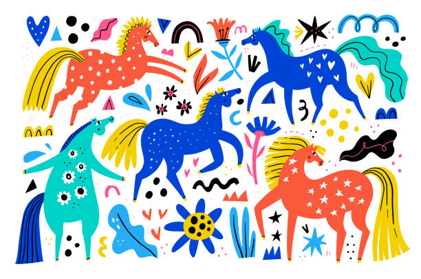 Cute horses hand drawn color vector seamless pattern. Jumping, rearing stallion and mare on floral background. Racehorse multicolor vector elements for wrapping paper, textile, t shirt, postcard. Scandinavian style. Cute horses hand drawn color vector seamless pattern. Jumping, rearing stallion and mare on floral background. Racehorse vector elements for textile, t shirt, postcard. Scandinavian style. horse designs stock illustrations