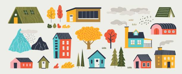 Cute houses. Trendy rural hand drawn landscape with buildings trees mountains and clouds. Vector paper cut flat design Cute houses. Trendy rural hand drawn landscape with buildings trees mountains and clouds. Vector paper cut flat design countryside with isolated elements architecture and nature icons house stock illustrations