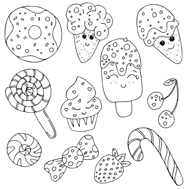 cute ice creams, donuts, candies with eyes, icing and sprinkling, cute drawing for kids, coloring book vector element, set cute ice creams, donuts, candies with eyes, icing and sprinkling, cute drawing for kids, vector element, coloring book, kawaii sweets, set cupcakes coloring pages stock illustrations