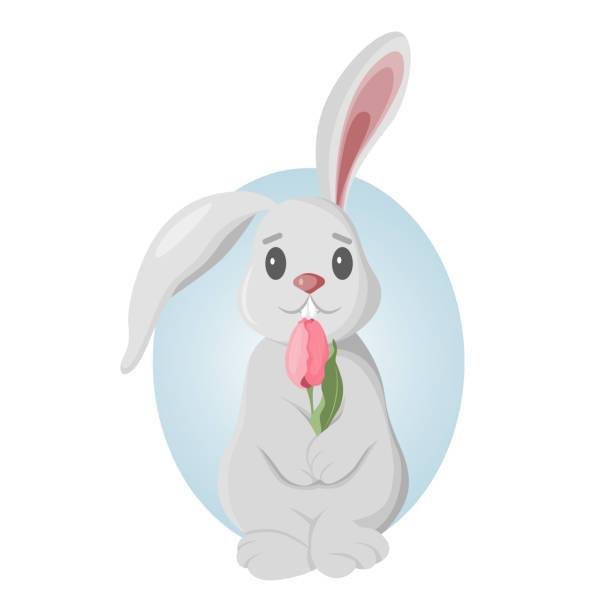 Cute illustration of a rabbit holding a tulip in its paws. Easter bunny. Vector Cute illustration of a rabbit holding a tulip in its paws. Easter bunny. Vector easter sunday stock illustrations