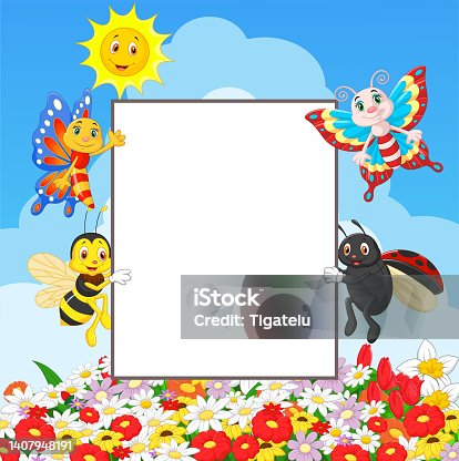 istock Cute insects cartoon holding blank sign 1407948191