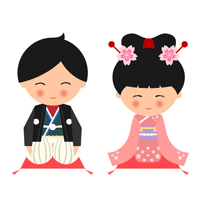 Cute janpanese boy and girl wear Kimono dress and sit on the pillow vector design