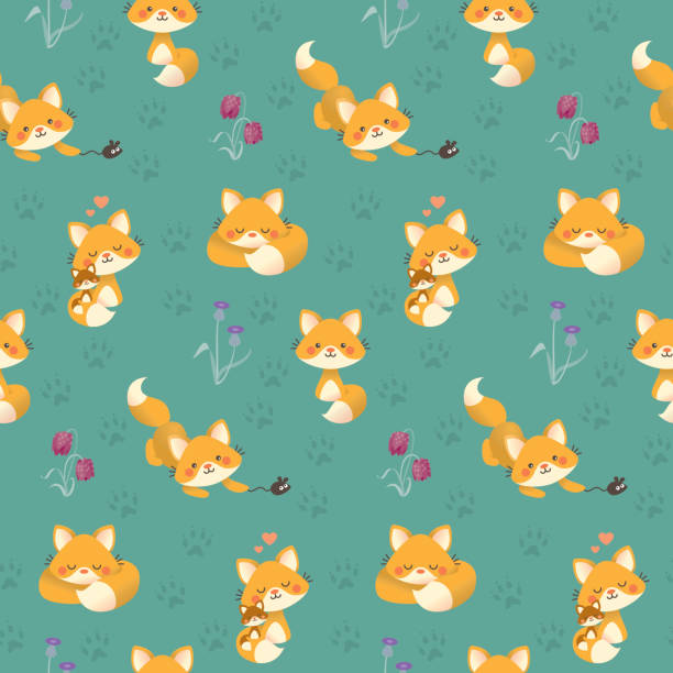 Cute kawaii fox pattern teal vector art illustration