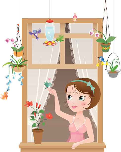Cute kawaii hummingbirds window girl vector art illustration