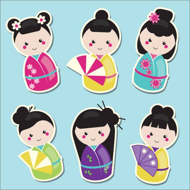 Cute kawaii kokeshi dolls stickers set. Traditional japanese dolls Cute kawaii kokeshi dolls stickers set. Traditional japanese dolls. mini fan stock illustrations