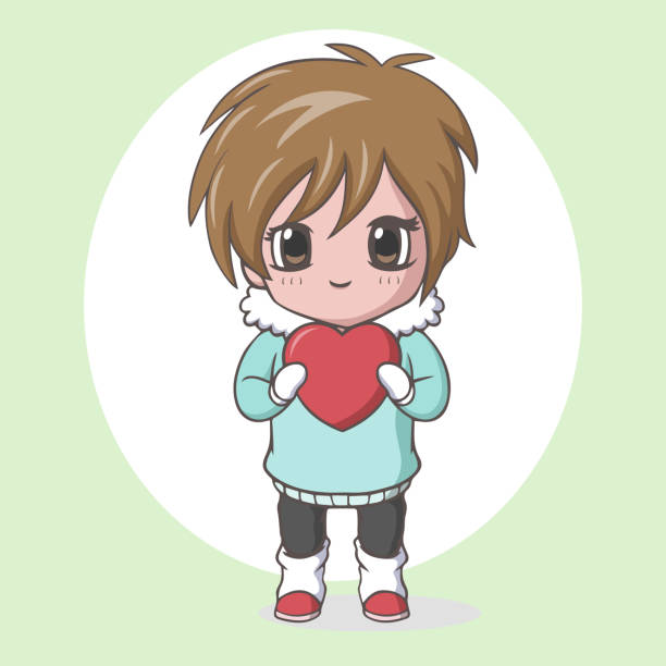 Cute kawaii little boy holding red heart Vector Illustration of Cute kawaii little boy holding red heart drawing of a cute little anime boy stock illustrations