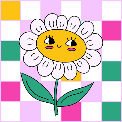Cute kawaii y2k daisy chamomile flower with smile face. Checkerboard seamless pattern, vector background with colorful grid. Sweet plant character, retro 90s print, wallpaper.
