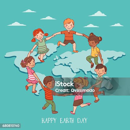 istock Cute kids holding hands and dancing around the world 680810140