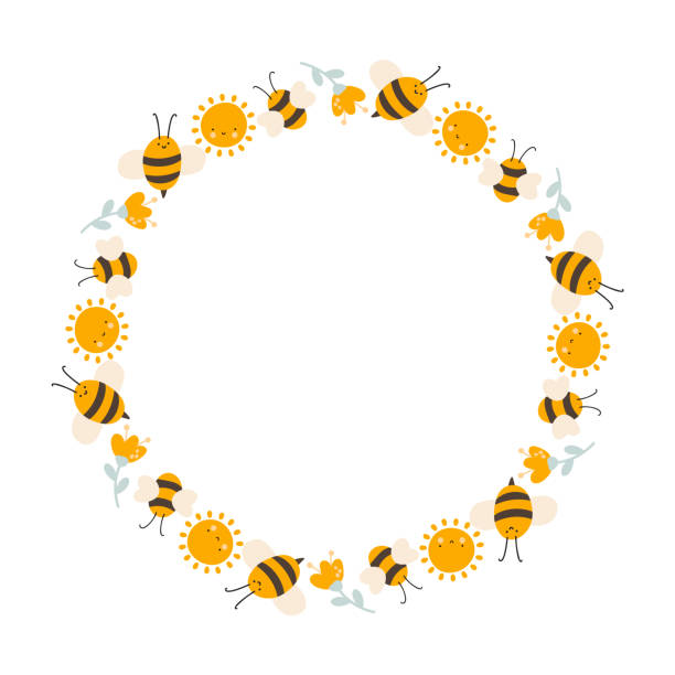 Cute kids honey wreath with sun, flower and bee in flat frame vector scandinavian style. Baby illustation frame with place for text for content, greeting card, graphic Cute kids honey wreath with sun, flower and bee in flat frame vector scandinavian style. Baby illustation frame with place for text for content, greeting card, graphic. bee borders stock illustrations