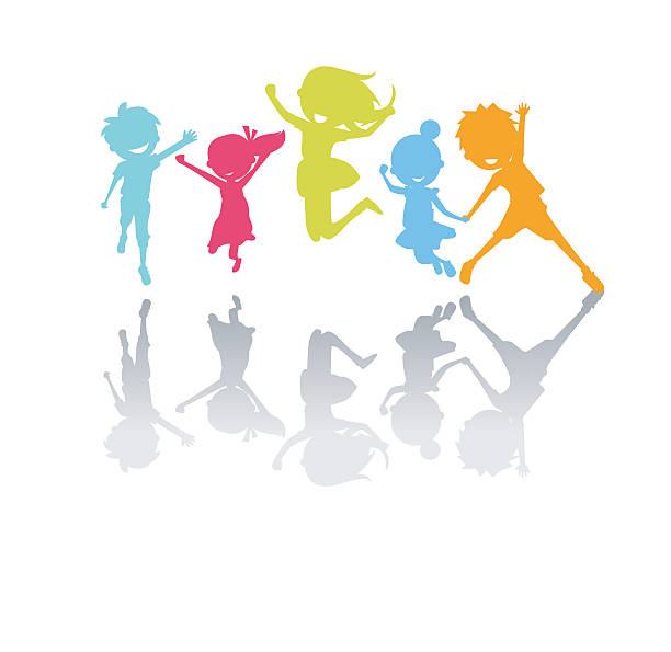 Cute kids jumping Cute kids jumping - illustration child silhouettes stock illustrations