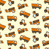 Cute kids seamless pattern with flat orange industrial transport. Childrens boys background with cartoon dozer, tractor and dumper for textile, wrapping paper, package, wallpaper, web design