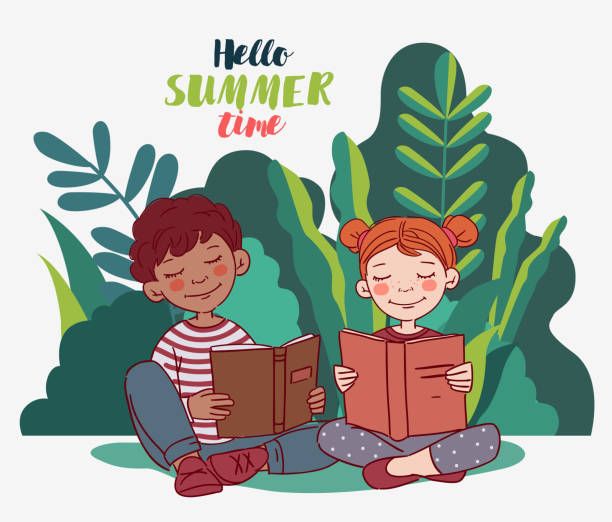 ilustrações de stock, clip art, desenhos animados e ícones de cute kids reading books in the garden - child reading