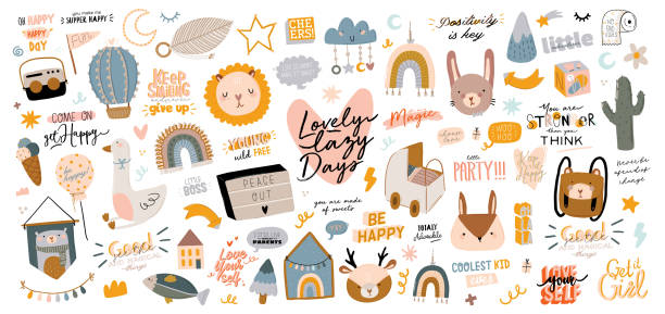 Cute kids scandinavian characters set including trendy quotes and cool animal decorative hand drawn elements Cute kids scandinavian characters set including trendy quotes and cool animal decorative hand drawn elements. Cartoon doodle  illustration for baby shower, nursery room decor, children design. Vector. cute illustrations stock illustrations