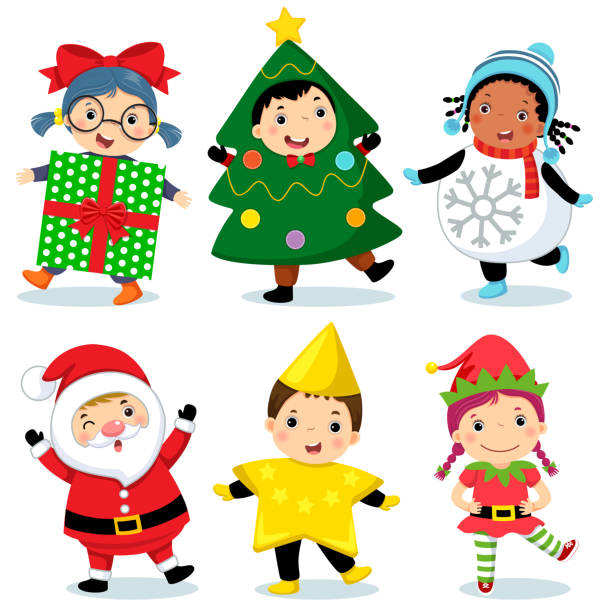 Cute kids wearing Christmas costumes Vector illustration of cute kids wearing Christmas costumes performance clipart stock illustrations