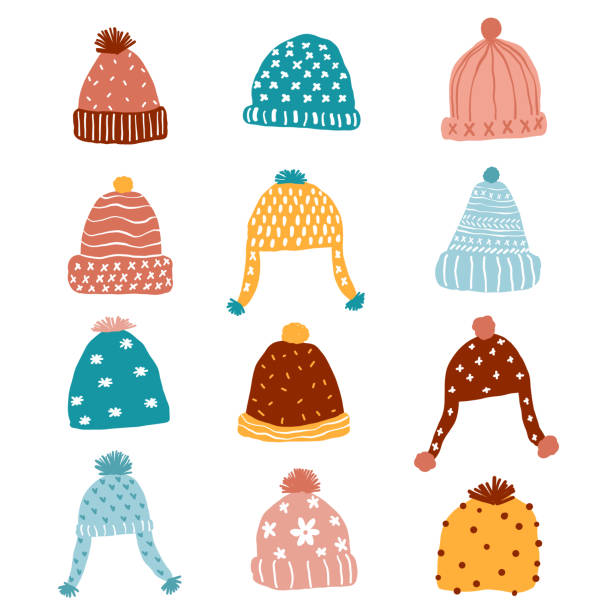 cute kintted beaning winter hat pastel clip art set, pink, blue, yellow cute kintted beaning winter hat pastel clip art set, pink, blue, yellow knit hat stock illustrations