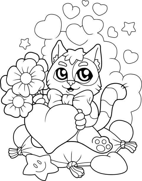 cute kitten with flowers, coloring book, funny illustration cartoon cute kitten with flowers, coloring book, funny illustration cute cat coloring pages stock illustrations