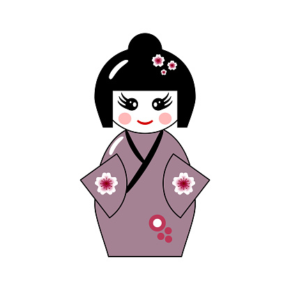 Cute kokeshi doll. Japanese traditional toy. Kawaii style girl in kimono.