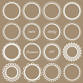 Cute lacy doily frames big set on cardboard background. For scrapbook, birthday or baby shower design.