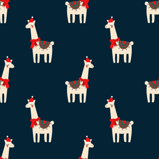 Cute lama with xmas hat seamless pattern on dark blue background. Cute lama with xmas hat seamless pattern on dark blue background. Vector baby animal illustration for kids. Child drawing style lama. Design for fabric, wallpaper, textile and decor. peru girl stock illustrations