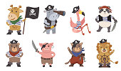 Cute little animal pirates flat illustration set. Cartoon sailors as funny lion, flamingo, pig, cat, giraffe, panda isolated vector illustration collection. Mascots and prints for children concept