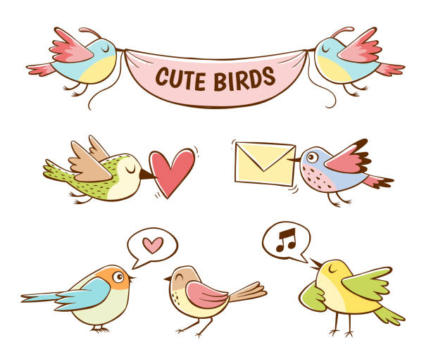 Cute little bird collection Colorful cute bird icons, isolated on white background. Hand drawn vector illustration. bird drawings stock illustrations