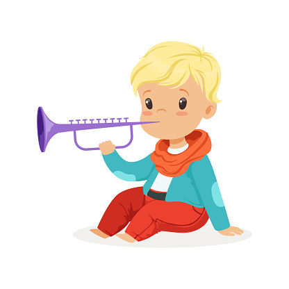 かわいいの金髪の少年がクラリネットおもちゃ楽器で若い音楽家子供漫画のベクトル図の音楽教育の再生 おもちゃのベクターアート素材や画像を多数ご用意 Istock
