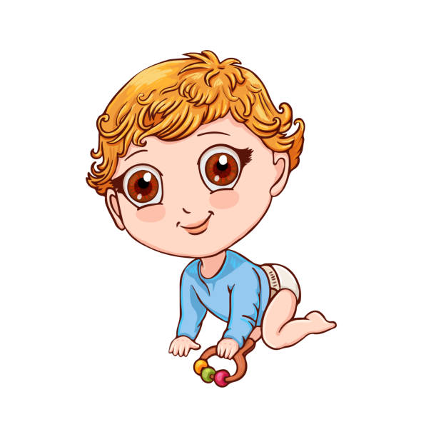 Cute little boy crawls and plays with a rattle. Vector illustration isolated on white Little child with rattle crawls on all fours. Cute vector illustration drawing of a cute little anime boy stock illustrations