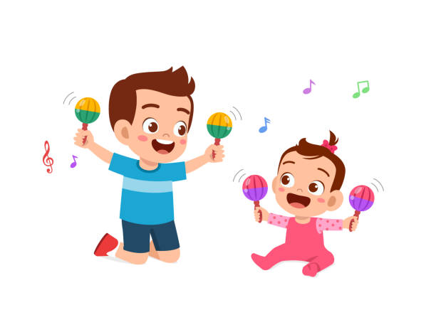 cute little boy play with baby sibling together cute little boy play with baby sibling together toddler stock illustrations