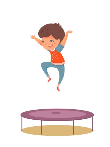 Cute little boy playing on trampoline. Laughing child jumping isolated on white background. Vector character illustration of sportive kids activity, summer leisure outdoors, kid gymnast training. Cute little boy playing on trampoline. Laughing child jumping isolated on white background. Vector character illustration of sportive kids activity, summer leisure outdoors, kid gymnast training clip art of kid jumping on trampoline stock illustrations