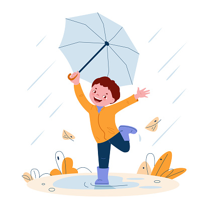 Cute little boy with umbrella in rubber boots. Windy weather autumn leaves. Vector illustration in cartoon style.