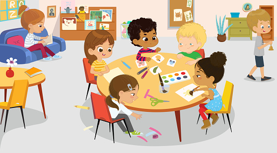 Cute little boys and girls at international class room vector flat illustration. Funny diverse children reading book, drawing, painting at art handicraft lesson in kindergarten or primary school