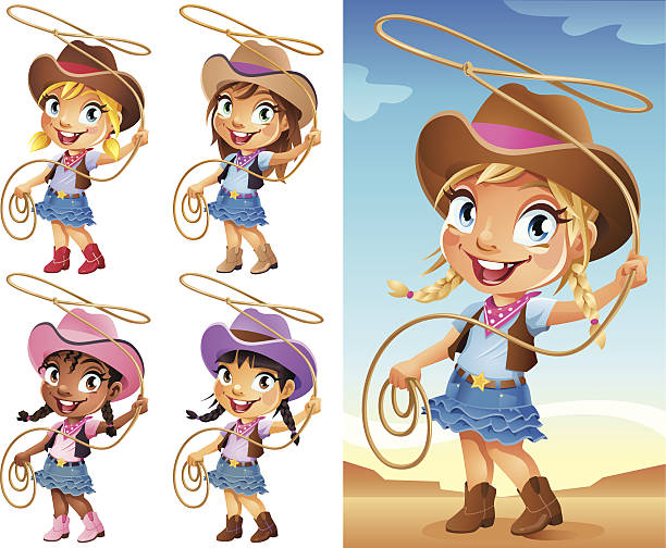 bildbanksillustrationer, clip art samt tecknat material och ikoner med cute little cartoon cowgirl swinging a lasso - desert cowgirl