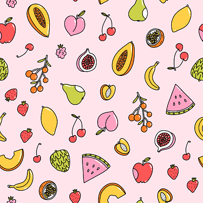 Cute little exotic fruits, vector pattern