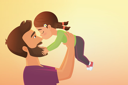 Cute little girl kid kisses his happy father cartoon vector illustration.
