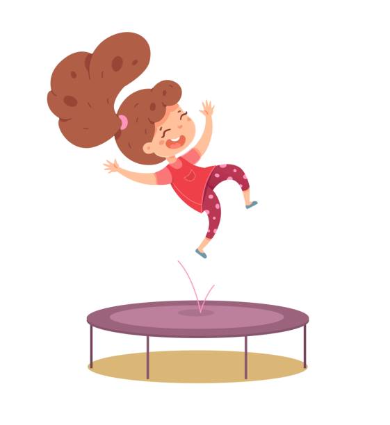Cute little girl playing on trampoline isolated on white Cute little girl playing on trampoline. Laughing child jumping isolated on white background. Vector character illustration of sportive kids activity, summer leisure outdoors, kid gymnast training clip art of kid jumping on trampoline stock illustrations