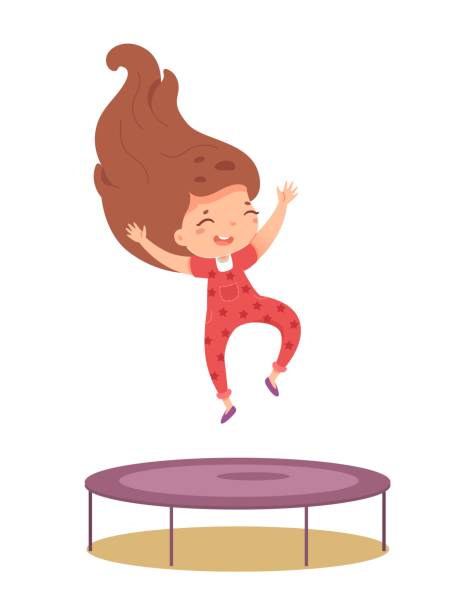 Cute little girl playing on trampoline. Laughing child jumping isolated on white background. Vector character illustration of sportive kids activity, summer leisure outdoors, kid gymnast training. Cute little girl playing on trampoline. Laughing child jumping isolated on white background. Vector character illustration of sportive kids activity, summer leisure outdoors, kid gymnast training clip art of kid jumping on trampoline stock illustrations