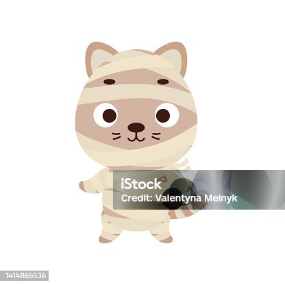 istock Cute little Halloween cat in a mummy costume. Cartoon animal character for kids t-shirts, nursery decoration, baby shower, greeting card, invitation, house interior. Vector stock illustration 1414865536