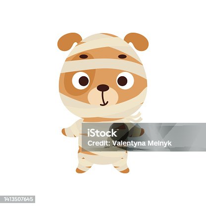 istock Cute little Halloween dog in a mummy costume. Cartoon animal character for kids t-shirts, nursery decoration, baby shower, greeting card, invitation, house interior. Vector stock illustration 1413507645