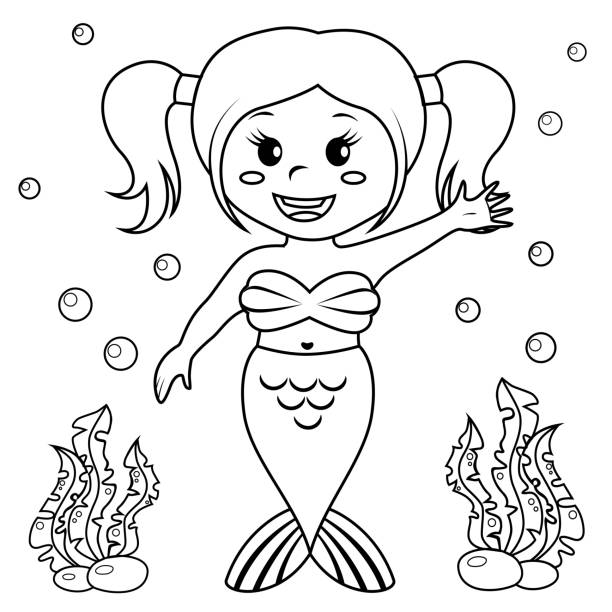 Cute little mermaid. Black and white vector illustration for coloring book vector illustration coloring book pages templates stock illustrations