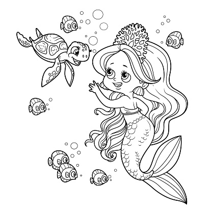 Cute little mermaid girl in coral tiara communicates with a small sea turtle outlined for coloring page isolated on white background